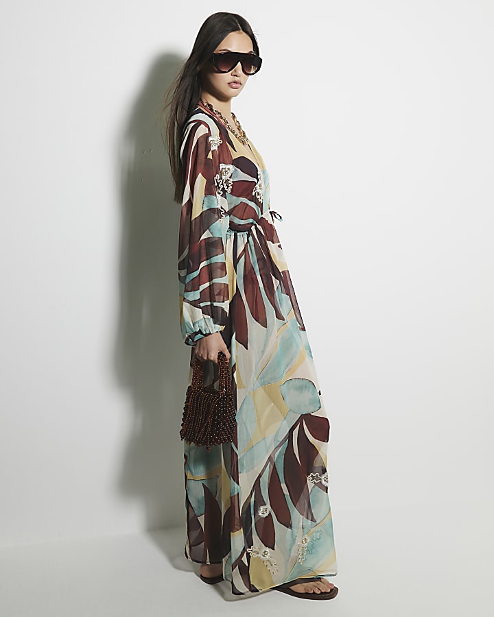 Blue Long Sleeve Leaf Kaftan