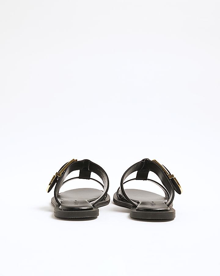 Black Leather T-Bar Flat Sandals