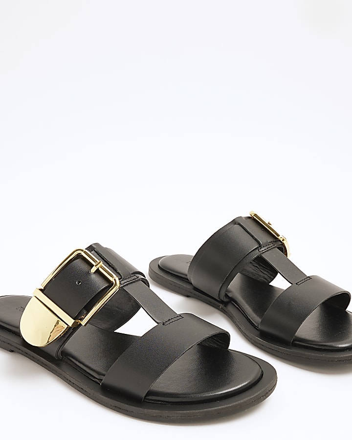 Black Leather T-Bar Flat Sandals