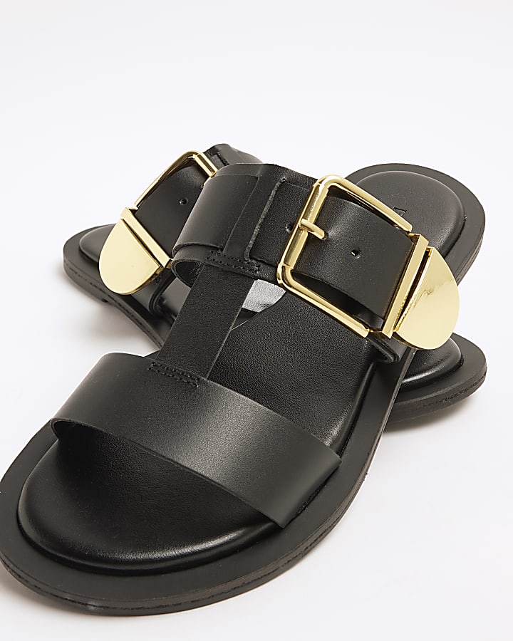 Black Leather T-Bar Flat Sandals