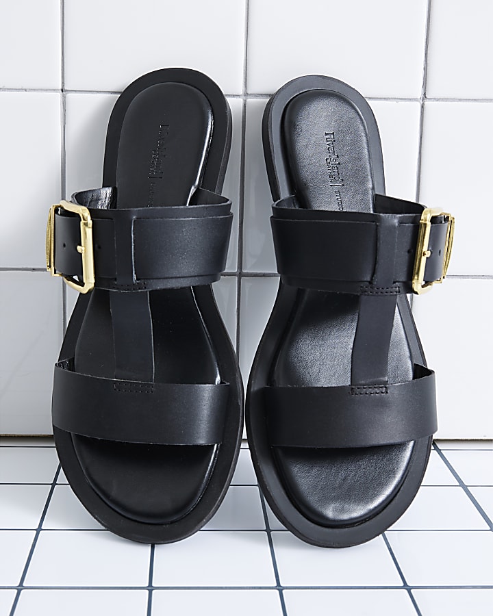 Black Leather T-Bar Flat Sandals