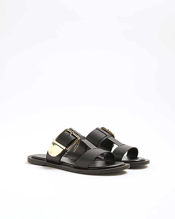 Black Leather T-Bar Flat Sandals