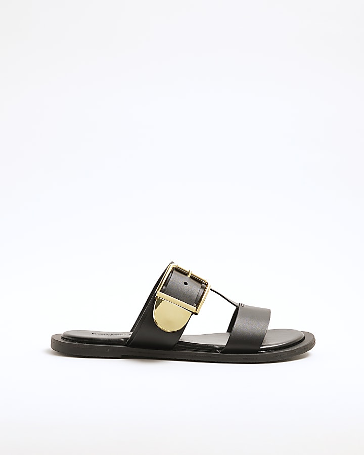 Black Leather T-Bar Flat Sandals