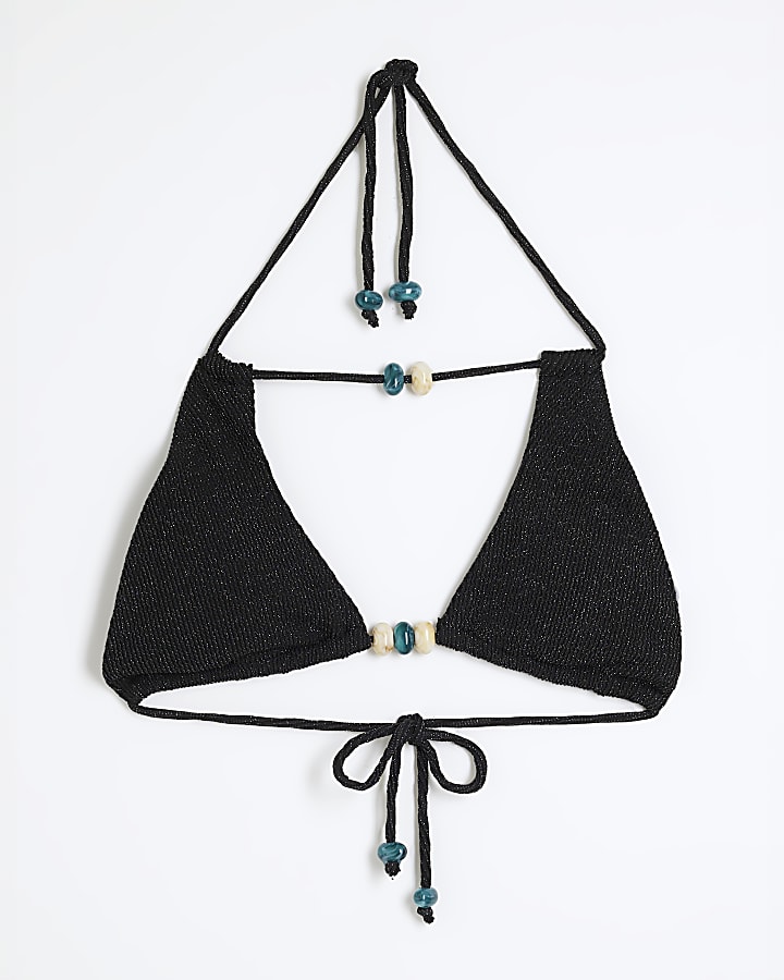 Black Glitter Texture Trim Bikini Top