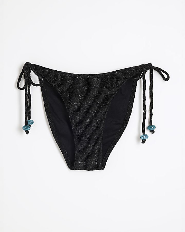 Black Glitter Texture Tie Side Bikini Bottoms