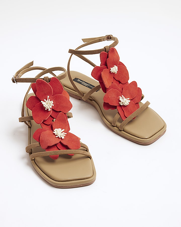 Red Flower Embellished Flat Sandals