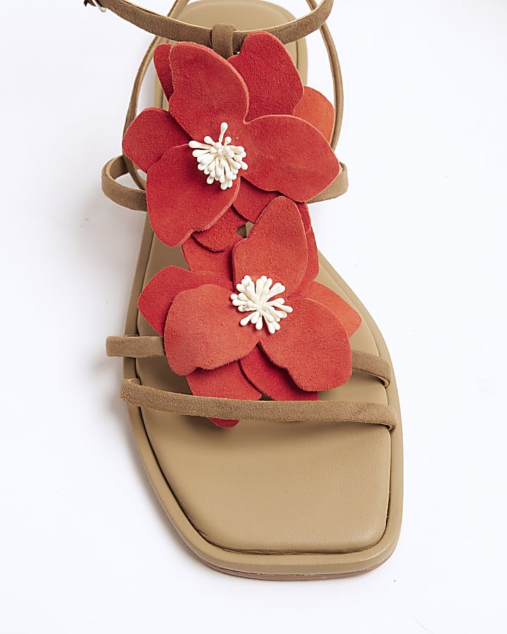 Red Flower Embellished Flat Sandals