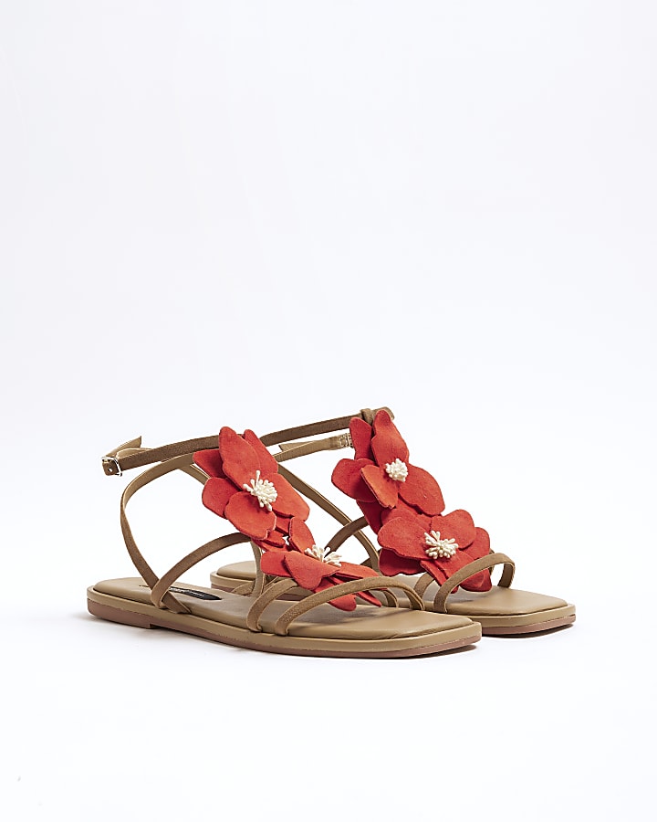 Red Flower Embellished Flat Sandals