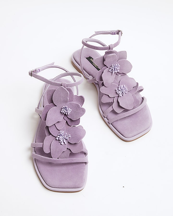 Purple Flower Embellished Flat Sandals