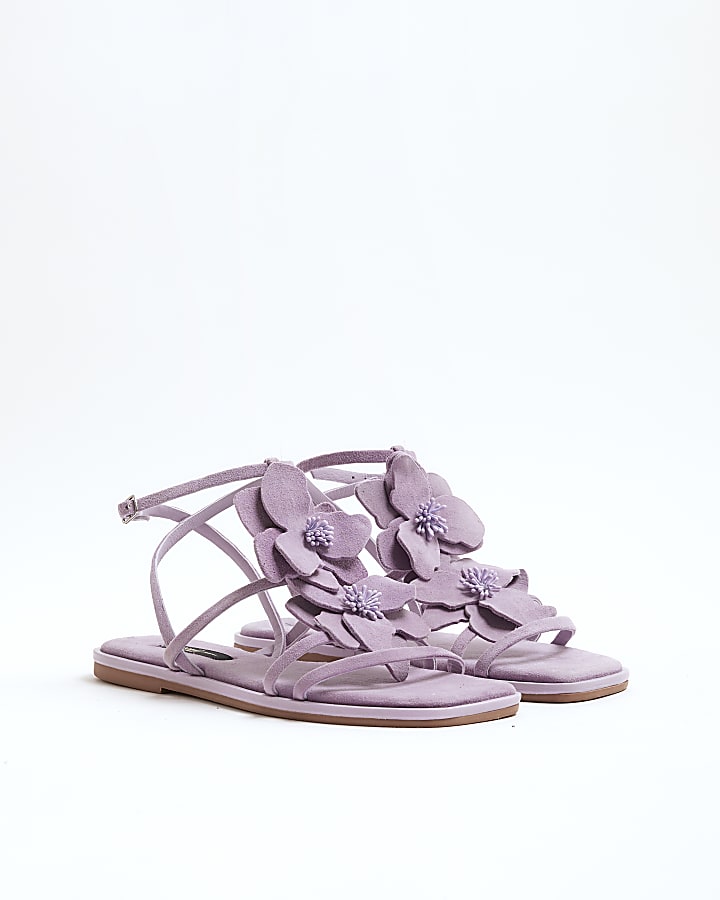 Purple Flower Embellished Flat Sandals