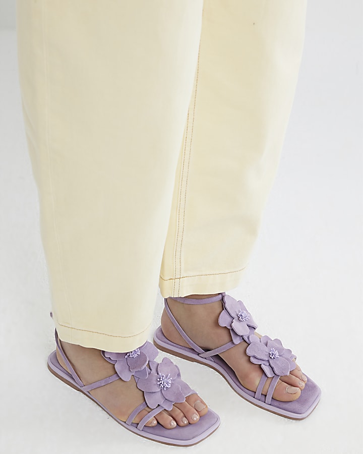 Purple Flower Embellished Flat Sandals