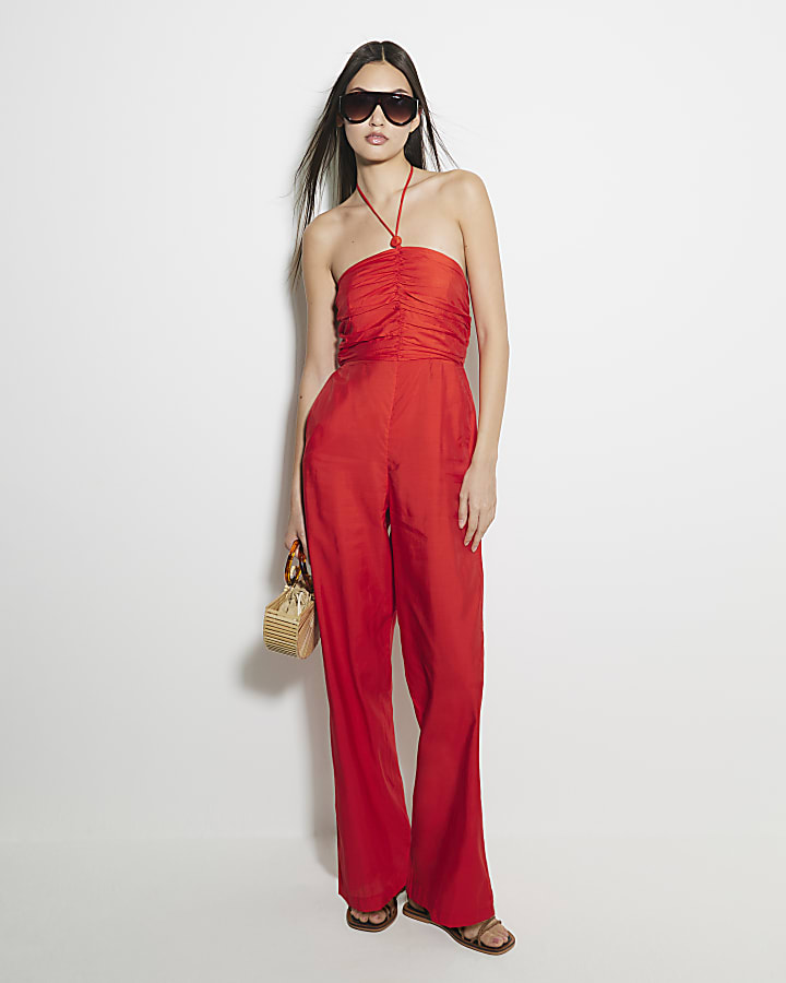 Red Halter Neck Wide Leg Jumpsuit