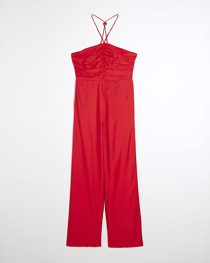 Red Halter Neck Wide Leg Jumpsuit