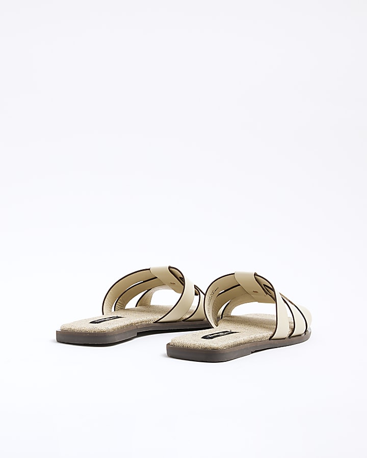 Beige Leather Weave Mule Flat Sandals