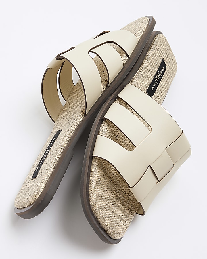 Beige Leather Weave Mule Flat Sandals