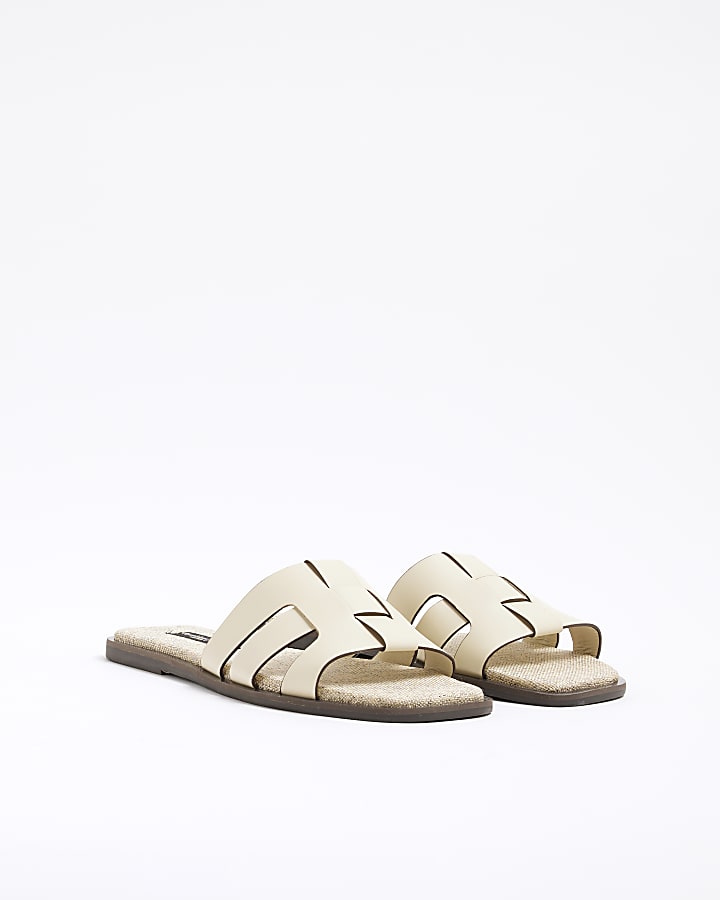 Beige Leather Weave Mule Flat Sandals