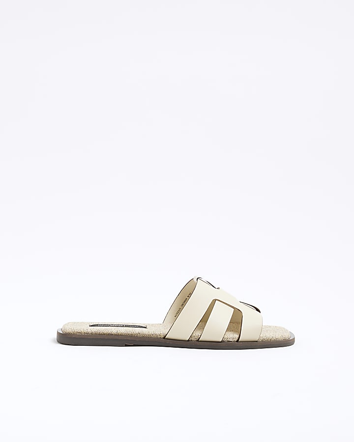 Beige Leather Weave Mule Flat Sandals