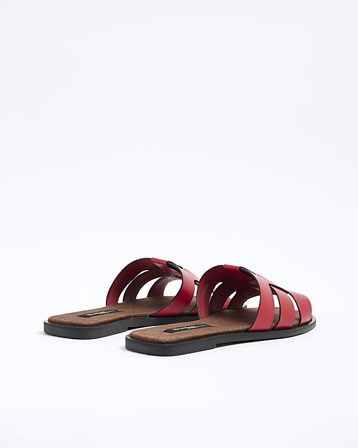 Red Woven Leather Mule Flat Sandals