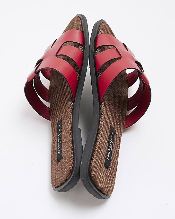 Red Woven Leather Mule Flat Sandals