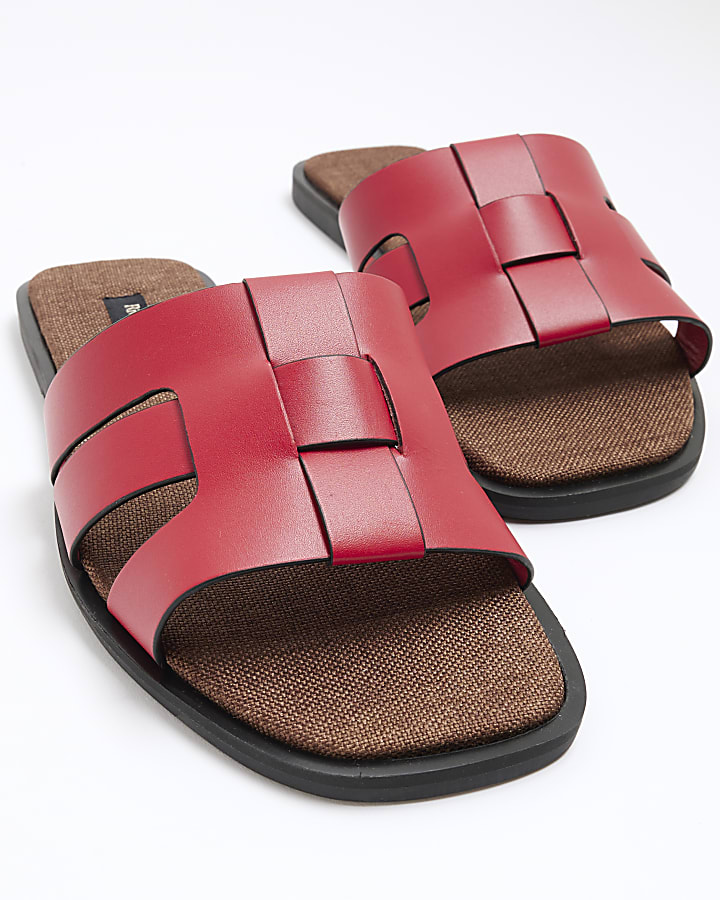 Red Woven Leather Mule Flat Sandals