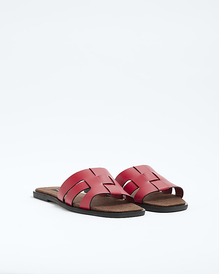 Red Woven Leather Mule Flat Sandals