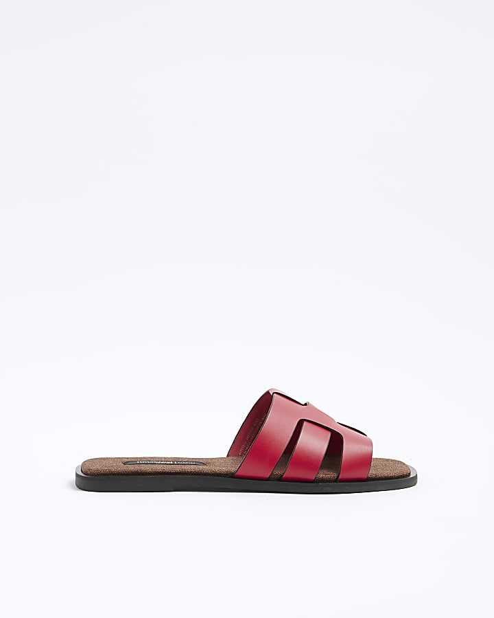 Red Woven Leather Mule Flat Sandals