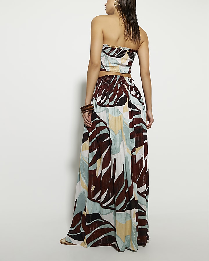 Blue Leaf Print Maxi Skirt