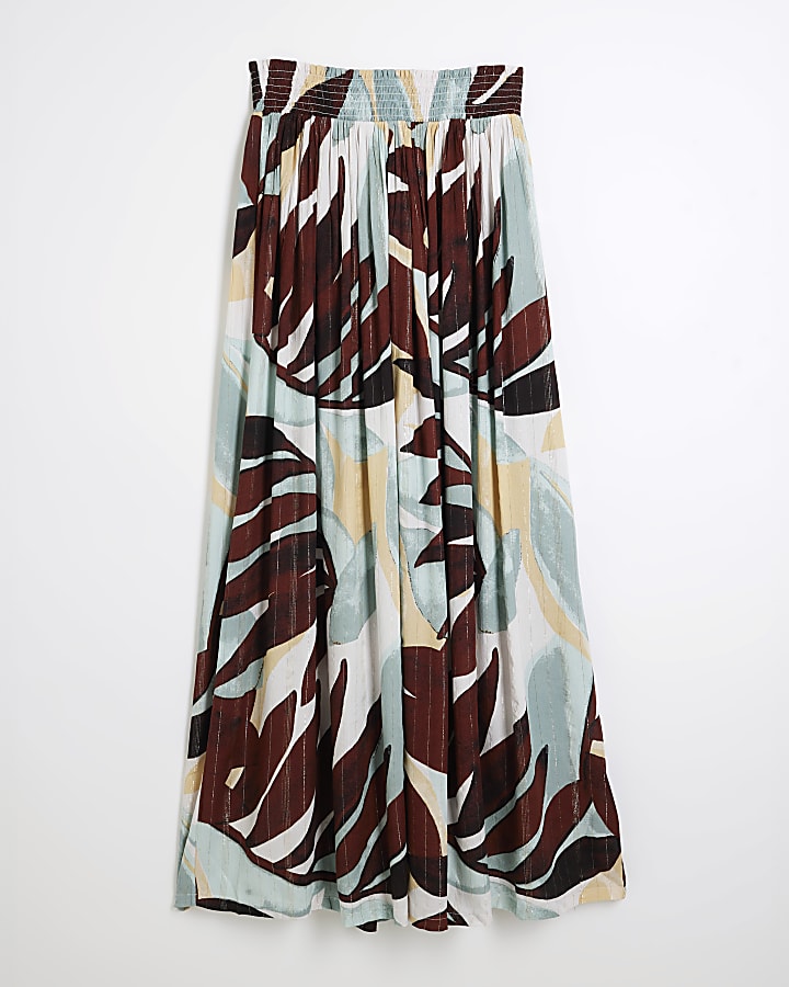 Blue Leaf Print Maxi Skirt