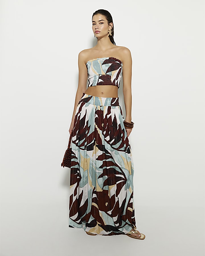 Blue Leaf Print Maxi Skirt