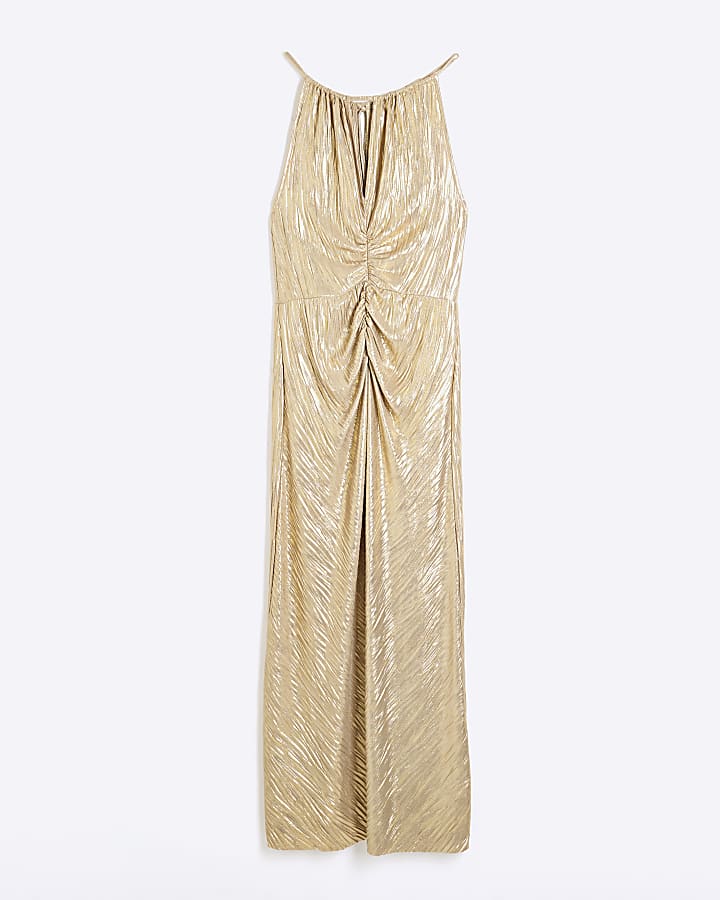 Gold Sleeveless Plisse Midi Column Dress