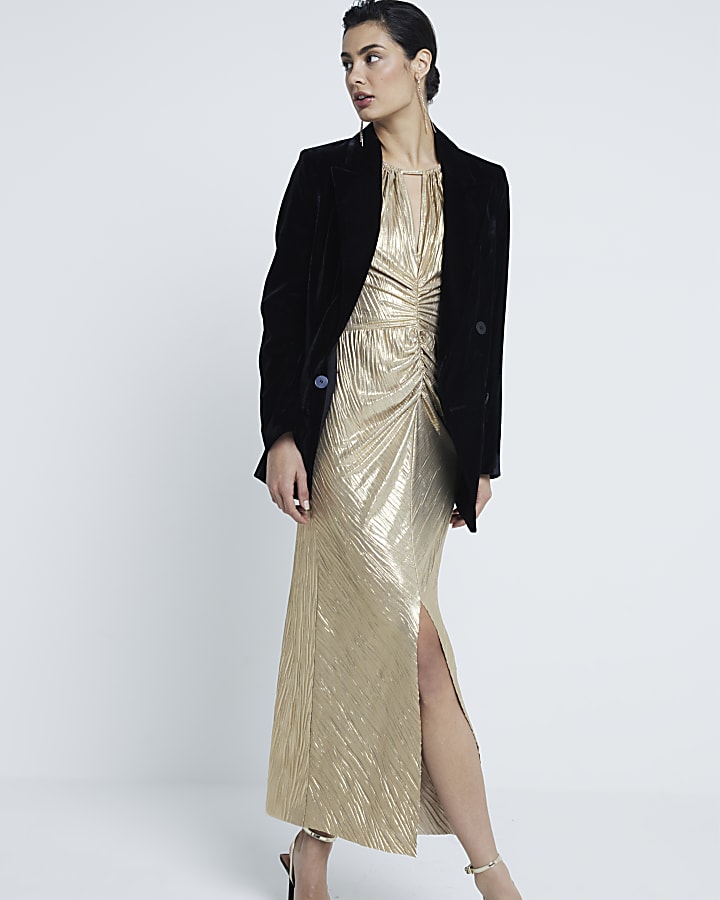 Gold Sleeveless Plisse Midi Column Dress