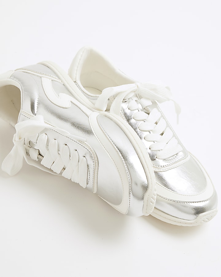 Silver Faux Leather Metallic Lace Up Trainers