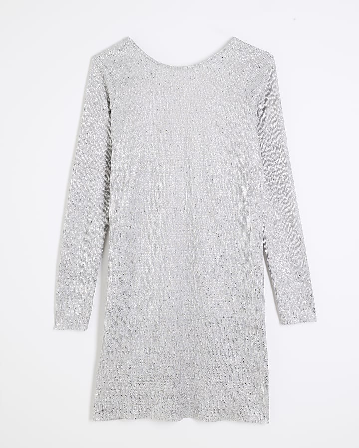 Silver Long Sleeve Backless Plisse Mini Dress