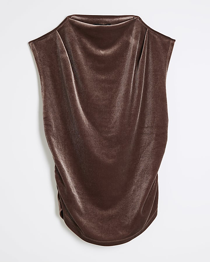 Brown Velvet Ruched Tank Top