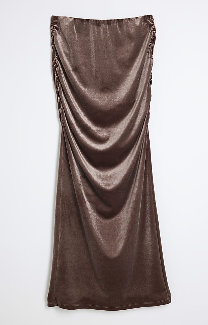 Brown Velvet Ruched Midaxi Skirt