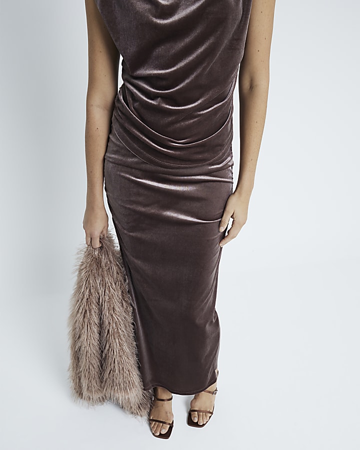 Brown Velvet Ruched Midaxi Skirt