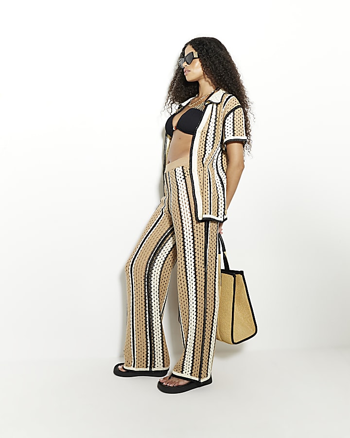 Brown Striped Crochet Trousers