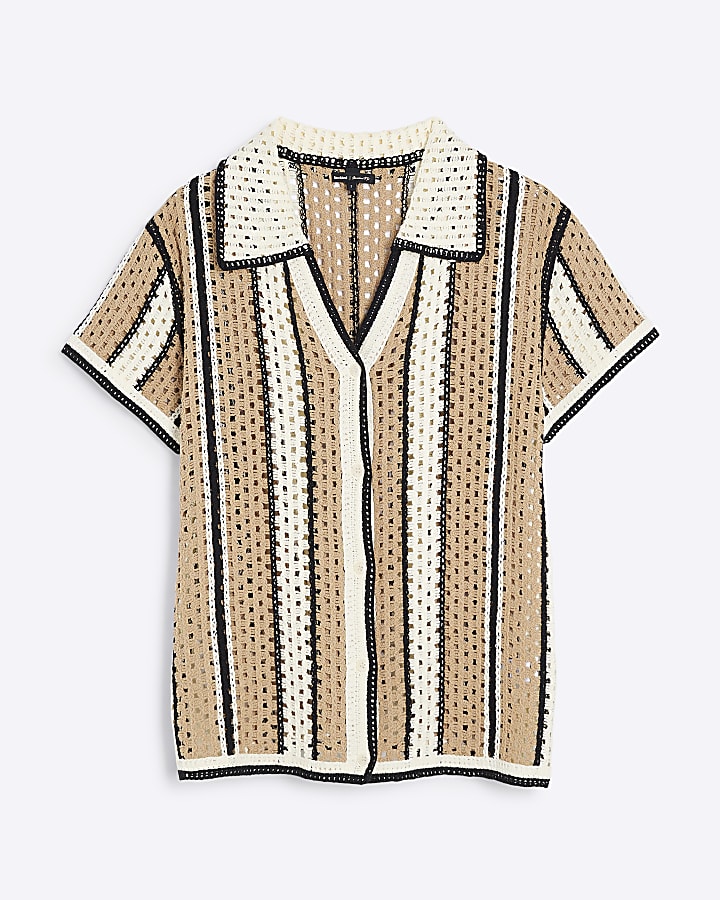 Brown Short Sleeve Striped Crochet Shirt