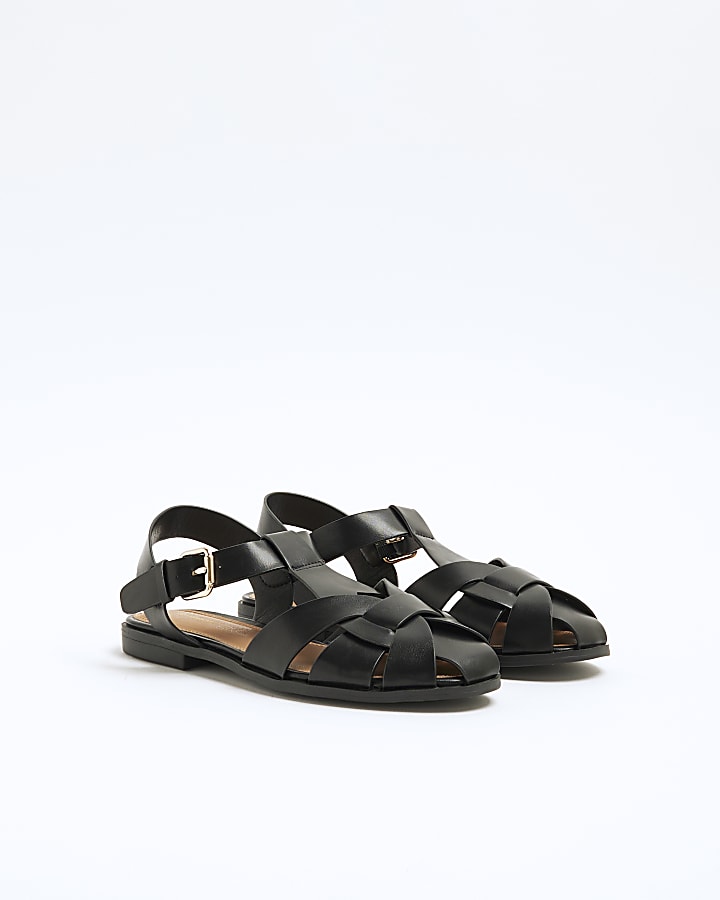 Black Faux Leather Fisherman Sandals