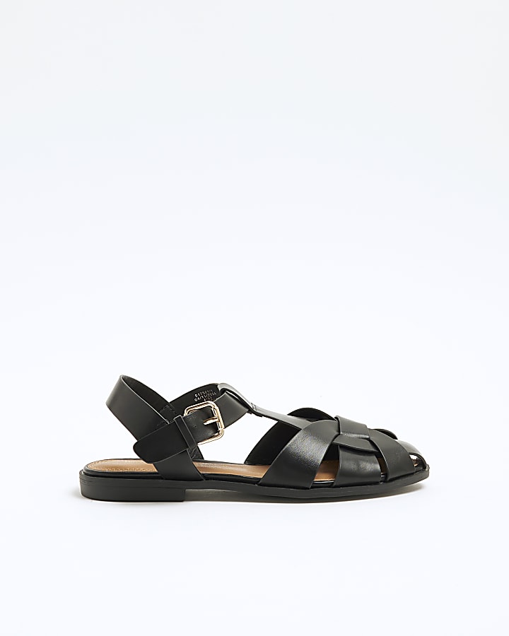 Black Faux Leather Fisherman Sandals