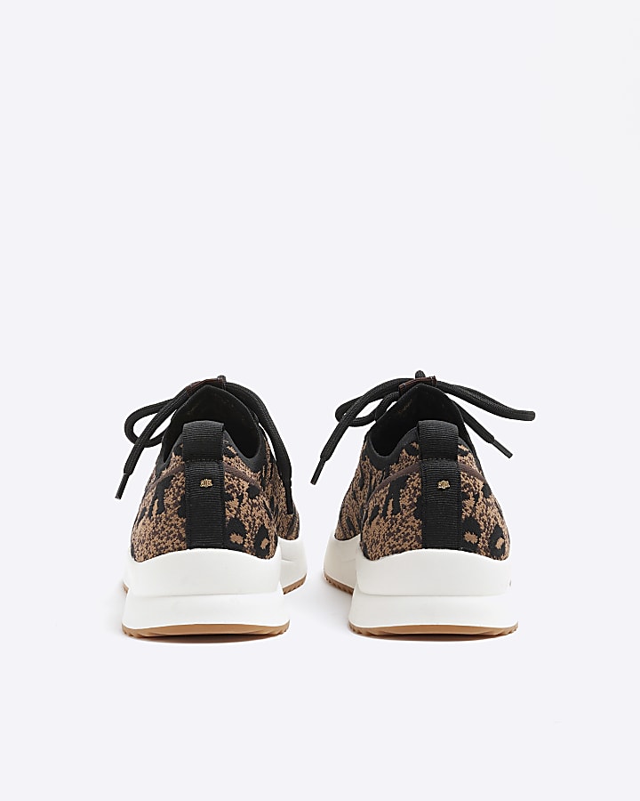 Brown Leopard Print Knit Trainers