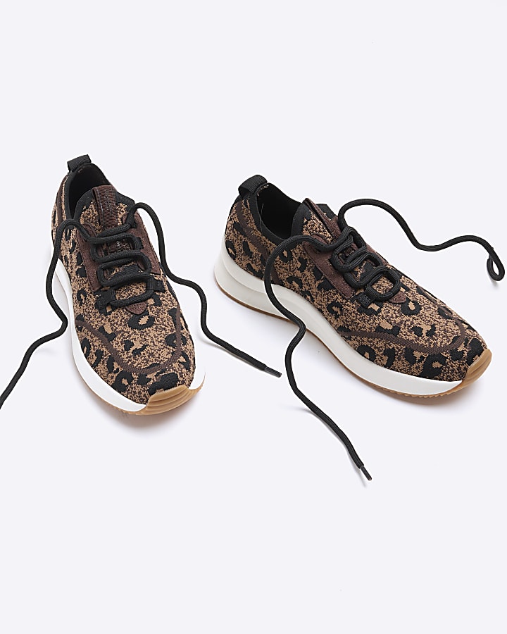 Brown Leopard Print Knit Trainers