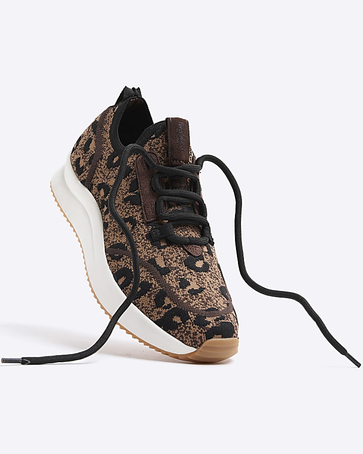 Brown Leopard Print Knit Trainers