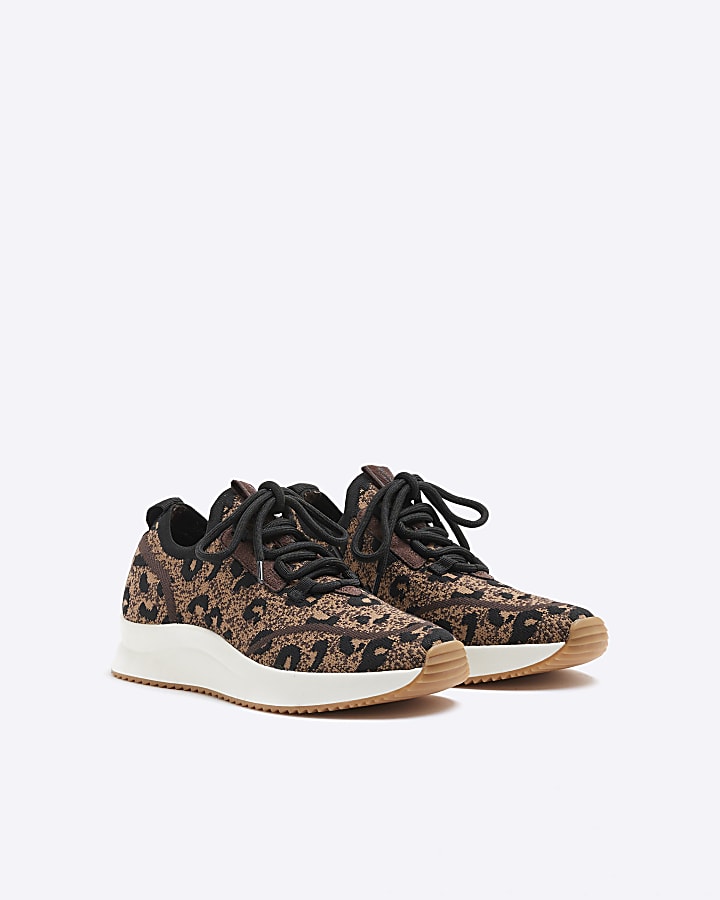 Brown Leopard Print Knit Trainers