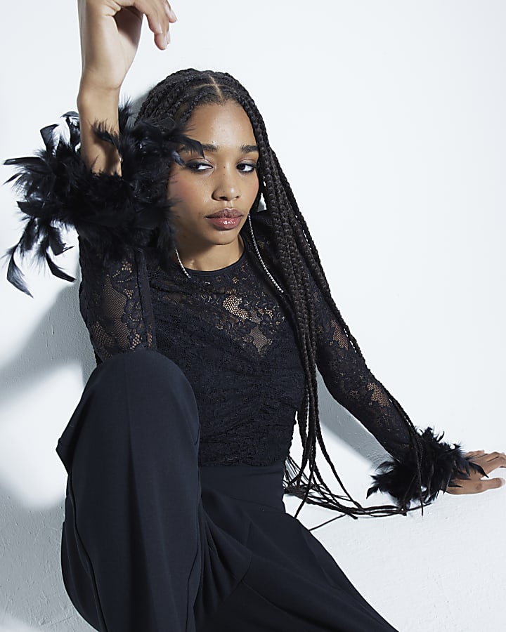 Black Lace Feather Cuff Bodysuit