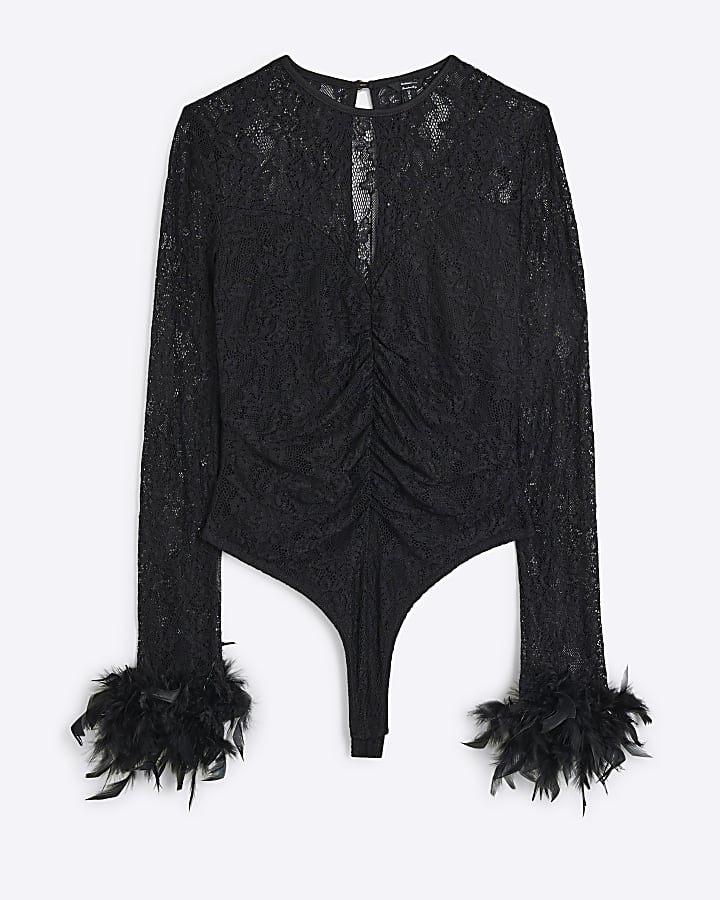Black Lace Feather Cuff Bodysuit