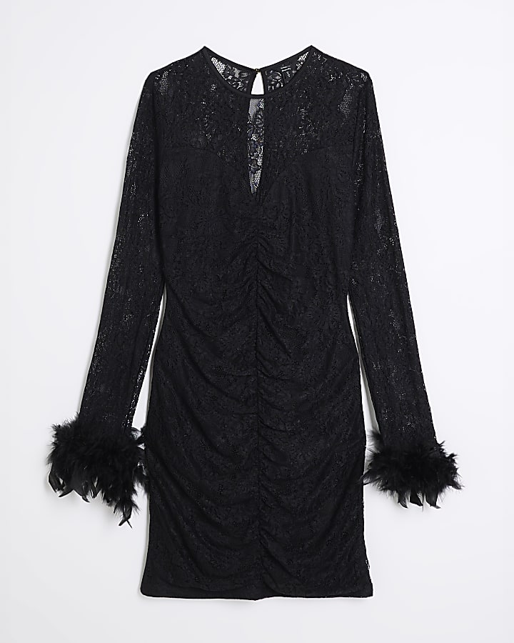 Black Lace Feather Cuff Mini Shift Dress