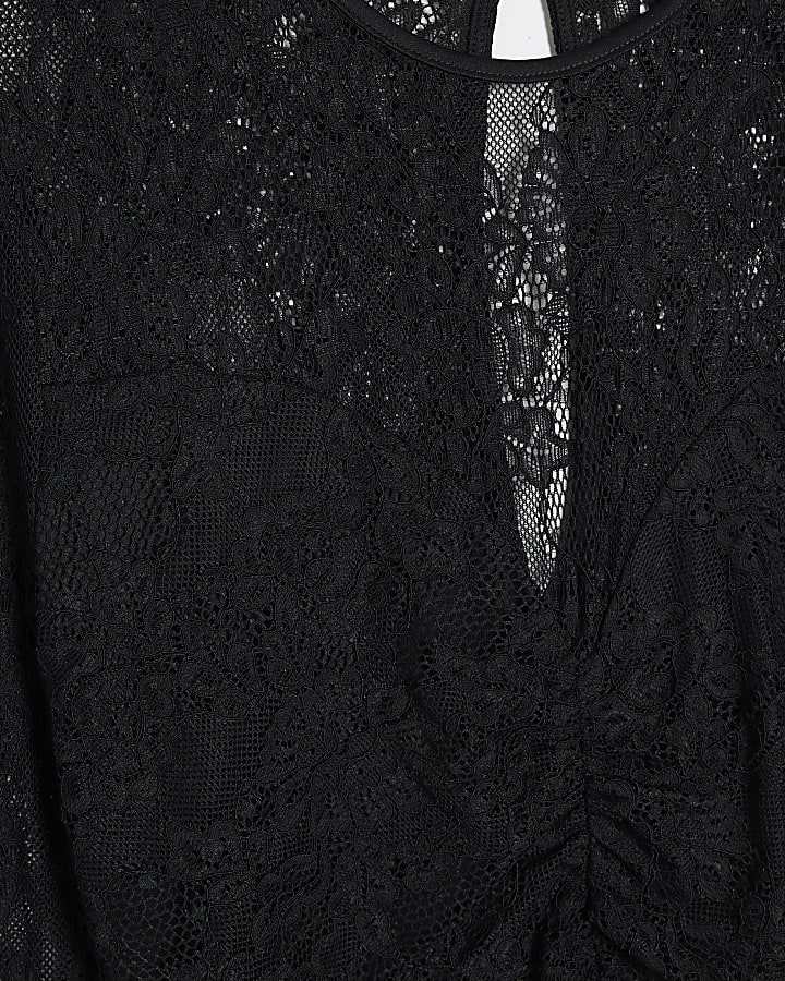 Black Lace Feather Cuff Mini Shift Dress