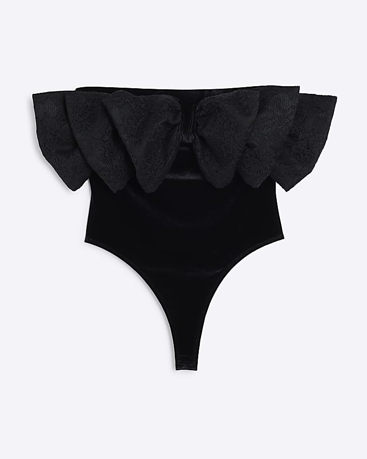Black lace bow velvet bandeau bodysuit