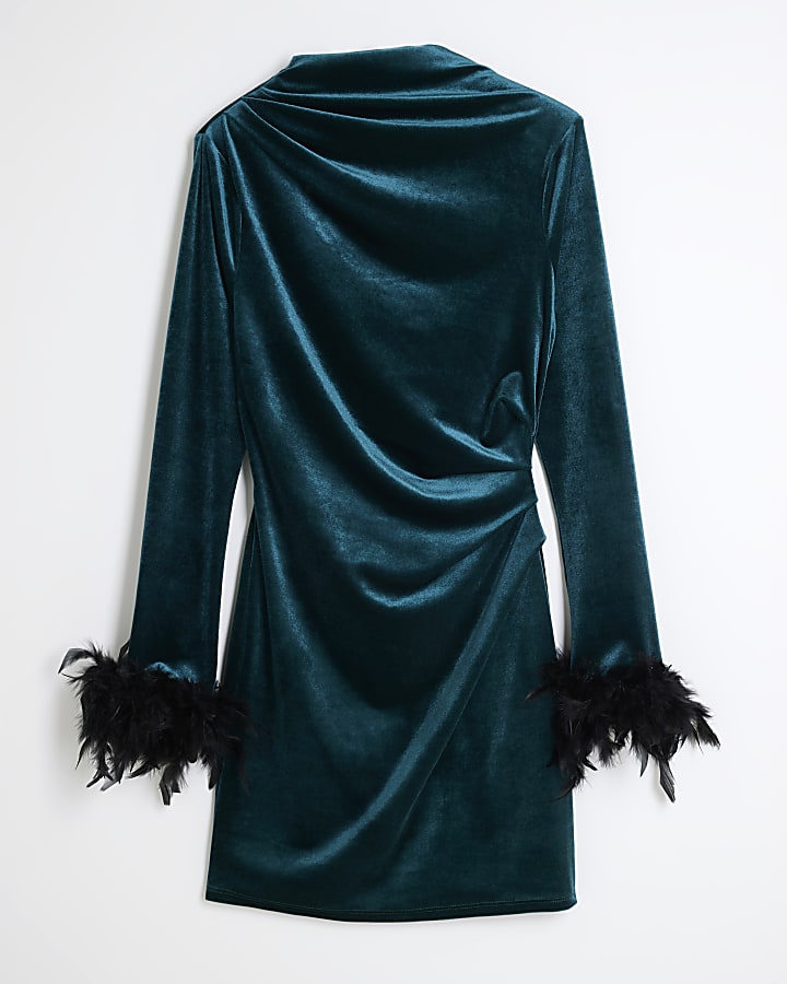 Green Draped Feathered Cuff Velvet Mini Dress